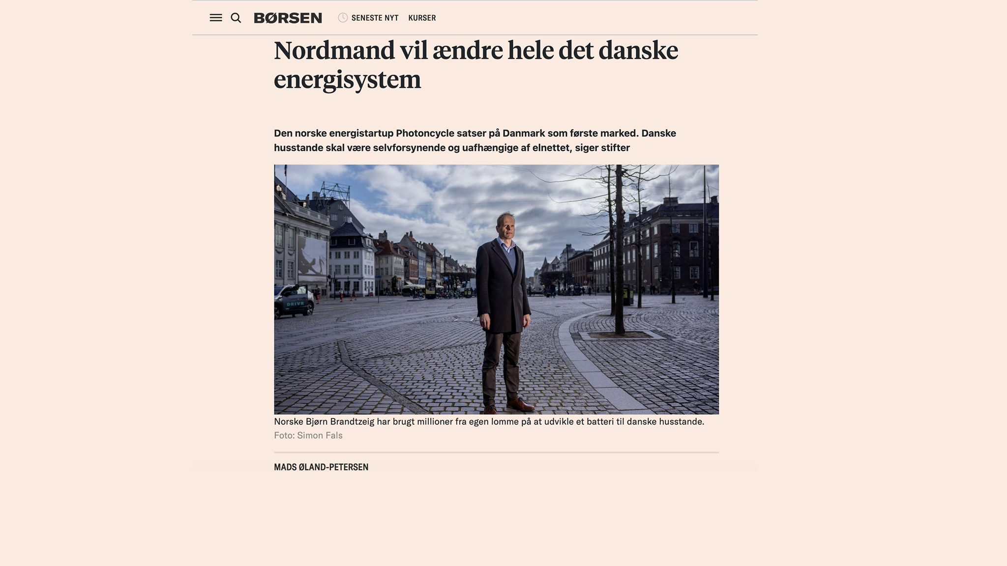 Screenshot of the borsen article with photoncycle founder bjorn brandtzaeg