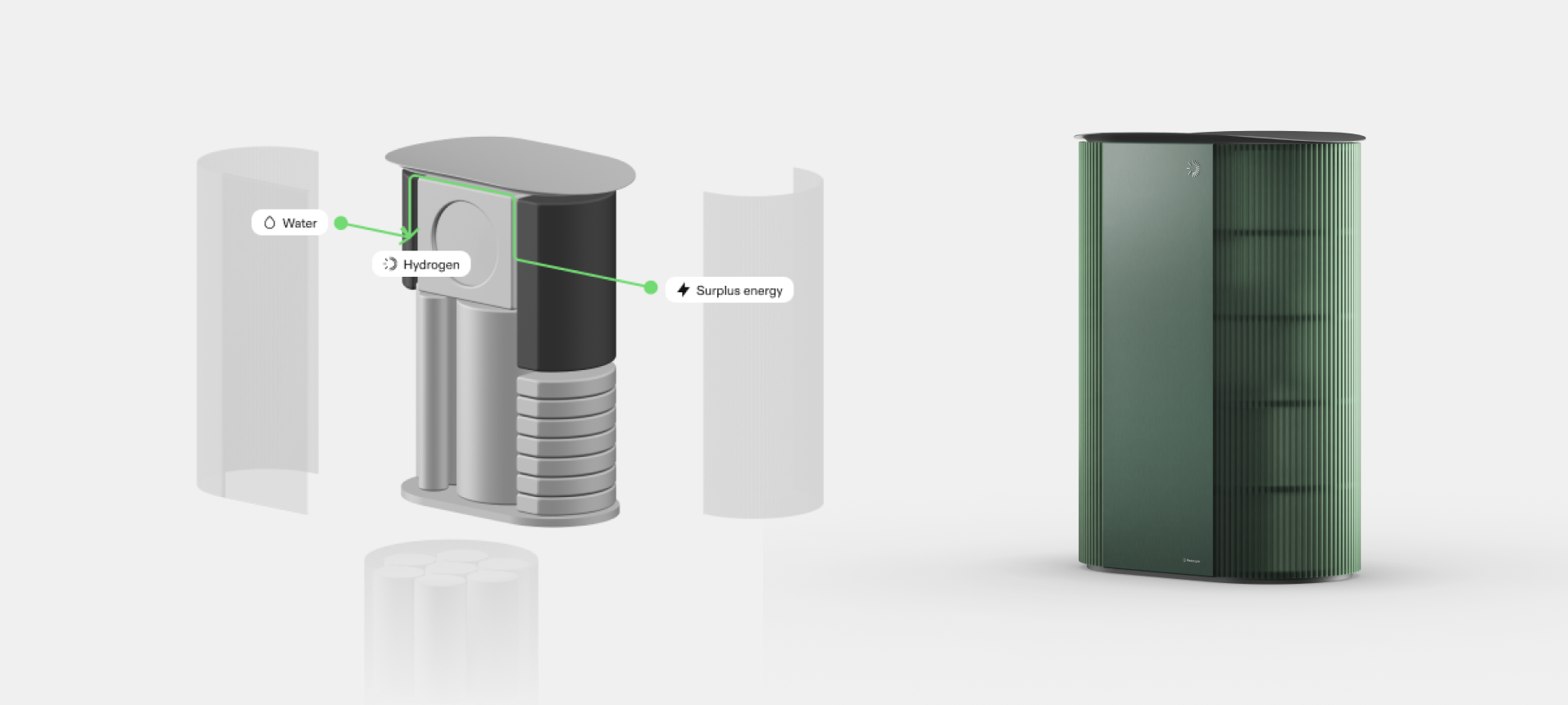 Hydrogen home energy system converting surplus solar electricity into stored hydrogen using a reversible fuel cell for long-term residential energy storage.
