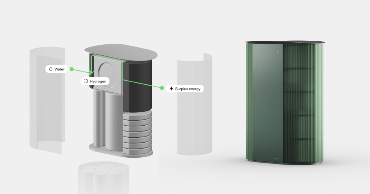 Hydrogen home energy system converting surplus solar electricity into stored hydrogen using a reversible fuel cell for long-term residential energy storage.