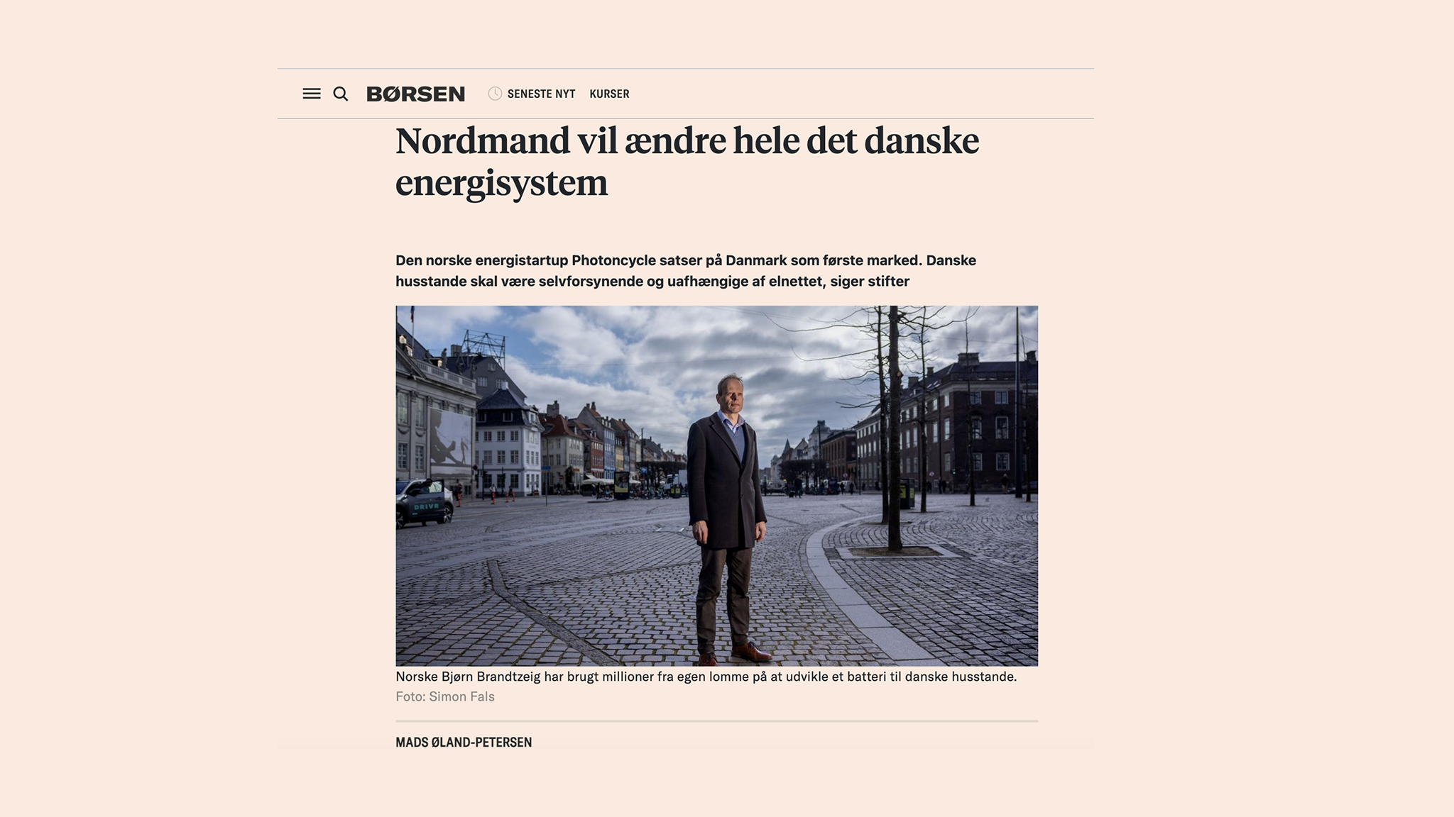 Screenshot of the borsen article with photoncycle founder bjorn brandtzaeg