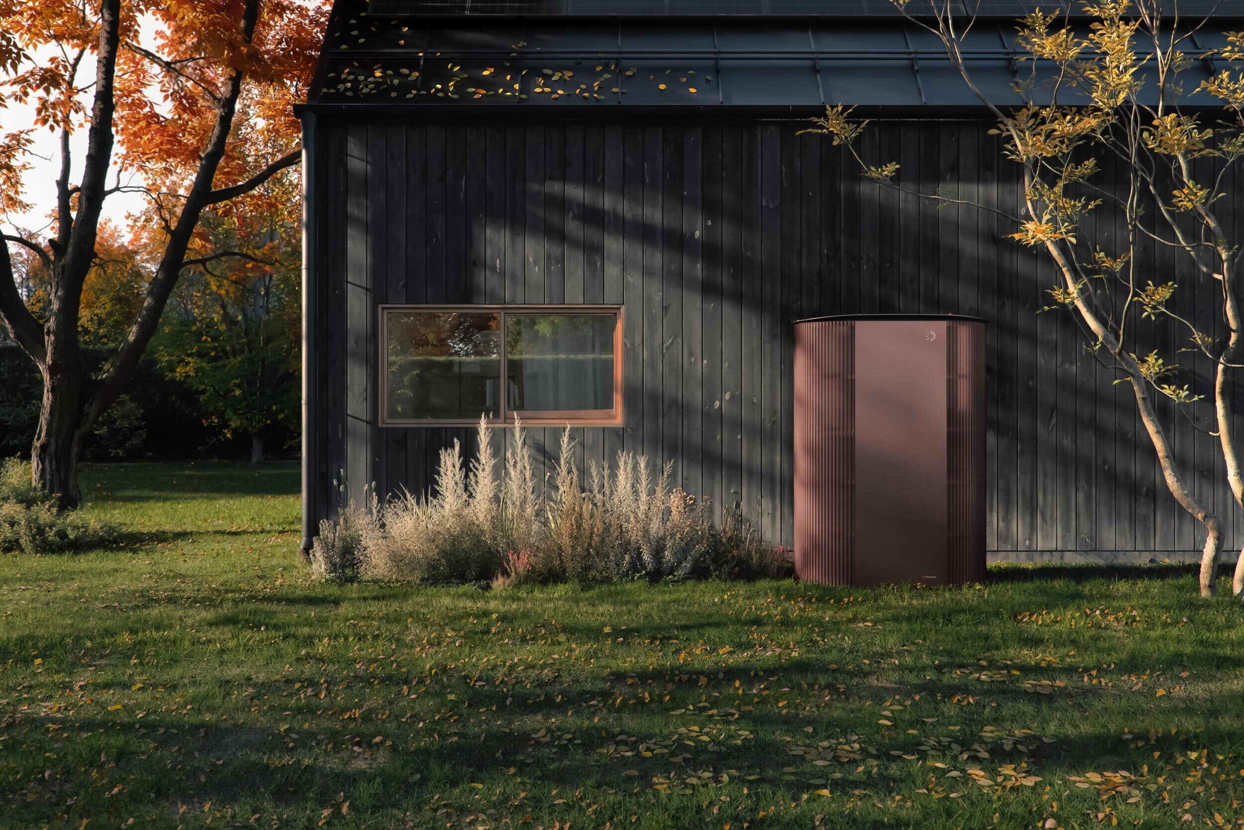 Brown photoncycle unit in front of a house in the Fall 